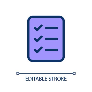 Tamamlanmış görev piksellerinin kontrol listesi mükemmel RGB renk ui simgesi. İş planlayıcısı. Basit doldurulmuş çizgi ögesi. Mobil uygulama için UX tasarımı. Vektör izole görüntü grafiği. Düzenlenebilir felç. Kullanılan Poppins yazı tipi