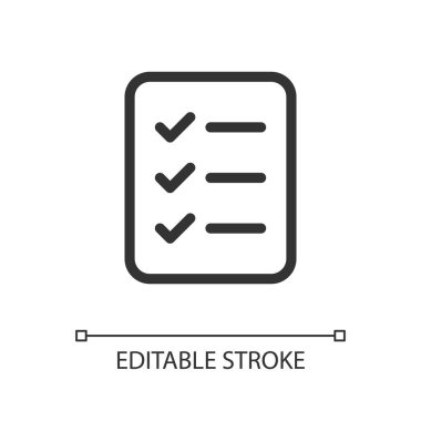 Tamamlanmış görevlerin kontrol listesi piksel mükemmel doğrusal ui simgesi. İş için. Proje yönetimi. GUI, UX tasarımı. Uygulama ve web için izole edilmiş kullanıcı arayüzü ögesi. Düzenlenebilir felç. Kullanılan Poppins yazı tipi