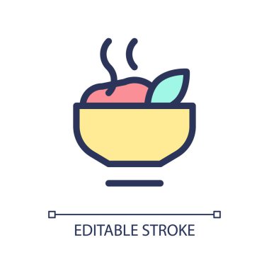 Sıcak yemek pikseli mükemmel RGB renk ui simgesi. Yemek vakti. Lezzetli vejetaryen kahvaltısı. Basit doldurulmuş çizgi ögesi. Mobil uygulama için UX tasarımı. Vektör izole görüntü grafiği. Düzenlenebilir felç. Kullanılan Arial yazı tipi