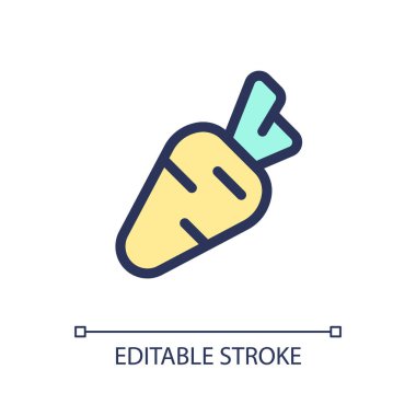 Havuç pikseli mükemmel RGB renk ui simgesi. Sağlıklı ürün. Besleyici sebzeler. Basit doldurulmuş çizgi ögesi. Mobil uygulama için UX tasarımı. Vektör izole görüntü grafiği. Düzenlenebilir felç. Kullanılan Arial yazı tipi