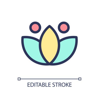 Lotus pikseli mükemmel RGB renk ui simgesi. Meditasyon işareti. İç sakinlik. Basit doldurulmuş çizgi ögesi. Mobil uygulama için UX tasarımı. Vektör izole görüntü grafiği. Düzenlenebilir felç. Kullanılan Arial yazı tipi