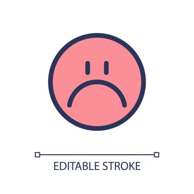 Üzgün emoji pikseli mükemmel RGB renk ui simgesi. Duyguların ifadesi. Geri bildirim. Basit doldurulmuş çizgi ögesi. Mobil uygulama için UX tasarımı. Vektör izole görüntü grafiği. Düzenlenebilir felç. Kullanılan Arial yazı tipi