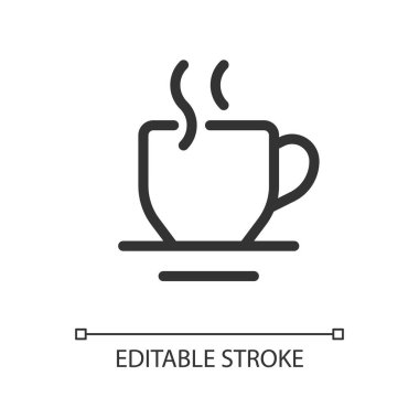 Sıcak içecek pikseli mükemmel doğrusal ui simgesi. Sabah çayı. Rahatlatıcı ve ferahlatıcı bir içecek. GUI, UX tasarımı. Uygulama ve web için izole edilmiş kullanıcı arayüzü ögesi. Düzenlenebilir felç. Kullanılan Arial yazı tipi