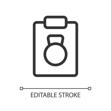 Egzersiz planı pikseli mükemmel doğrusal ui simgesi. Egzersiz yapıyorum. Beden eğitimi. Sağlıklı bir yaşam tarzı. GUI, UX tasarımı. Uygulama ve web için izole edilmiş kullanıcı arayüzü ögesi. Düzenlenebilir felç. Kullanılan Arial yazı tipi