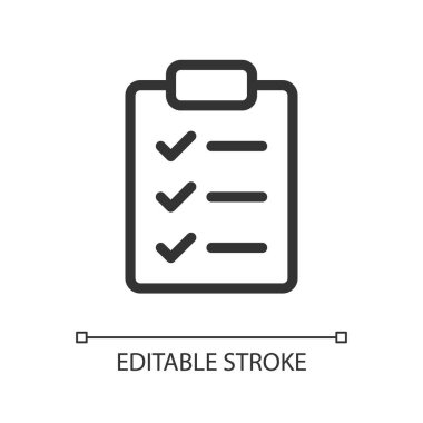 Kontrol listesi pikseli mükemmel doğrusal ui simgesi. Yapılacaklar listesi. Sorular formu. Geri bildirim anketi. GUI, UX tasarımı. Uygulama ve web için izole edilmiş kullanıcı arayüzü ögesi. Düzenlenebilir felç. Kullanılan Arial yazı tipi