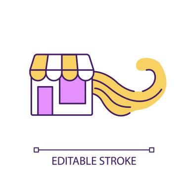 Çevrimiçi mağaza RGB renk simgesi tanıtılıyor. Ticaret pazarlaması. Reklam mağazası. Promosyon taktiği. İzole vektör çizimi. Basit bir çizgi çizimi. Düzenlenebilir felç. Kullanılan Arial yazı tipi