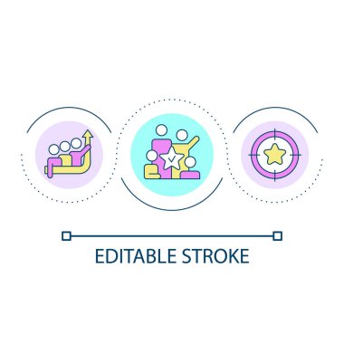 Şirket geliştirme döngüsü konsepti simgesi. Hedeflere ulaşmak için işbirliği. Takım çalışması stratejisi soyut fikir ince çizgi çizimi. İzole bir taslak çizim. Düzenlenebilir felç. Kullanılan Arial yazı tipi