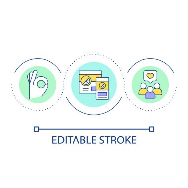 Web sitesi içeriği döngü konsepti simgesi. Dijital pazarlama stratejisi. Çevrimiçi reklam kampanyası soyut fikir ince çizgi çizimi. İzole bir taslak çizim. Düzenlenebilir felç. Kullanılan Arial yazı tipi