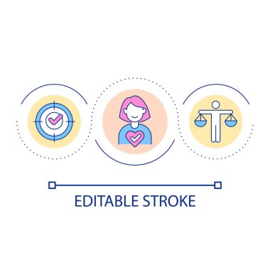 Refah döngüsü konsepti ikonuna odaklan. Yaşam dengesini bulmak. Kişisel gelişim kavramı soyut fikir ince çizgi çizimi. İzole bir taslak çizim. Düzenlenebilir felç. Kullanılan Arial yazı tipi