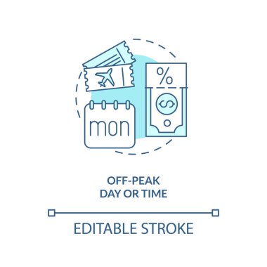 Zirve dışı uçuş zamanları turkuaz konsept simgesi. En ucuz seyahat günü. Düşük maliyetli uçuş fikri ince çizgi çizimi. İzole bir taslak çizim. Düzenlenebilir felç. Arial, Myriad Pro-Kalın yazı tipleri