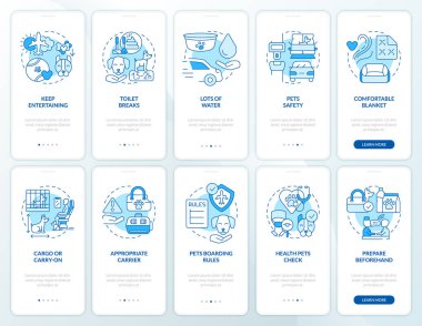 Mobil uygulama ekranında evcil hayvanlarla seyahat ediyoruz. Güvenlik ipuçları doğrusal kavramlarla birlikte düzenlenebilir beş adımdan geçer. UI, UX, GUI şablonu. Kullanılan sayısız Pro-Kalın, Düzenli yazı tipleri