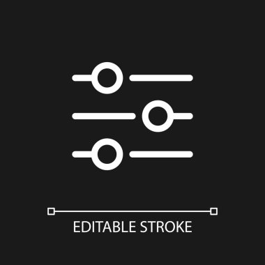 Koyu tema için filtreler düğmesi piksel mükemmel beyaz doğrusal ui simgesi. Seçenek menüsü. Vektör çizgisi çizimi. Gece modu için izole edilmiş kullanıcı arayüzü sembolü. Düzenlenebilir felç. Kullanılan Poppins yazı tipi