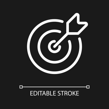 Koyu tema için hedef piksel mükemmel beyaz doğrusal ui simgesine ulaşılıyor. İş başarısı. Vektör çizgisi çizimi. Gece modu için izole edilmiş kullanıcı arayüzü sembolü. Düzenlenebilir felç. Kullanılan Poppins yazı tipi