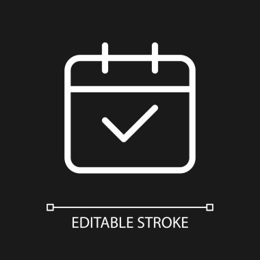 Koyu tema için takvim pikseli mükemmel beyaz doğrusal ui simgesi. Planlama etkinlikleri. Uygulamayı ayarla. Vektör çizgisi çizimi. Gece modu için izole edilmiş kullanıcı arayüzü sembolü. Düzenlenebilir felç. Kullanılan Poppins yazı tipi