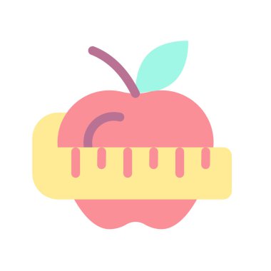 Elma ve mezura düz renkli ui simgesi. Kilo kaybı. Beslenme düzeni. Sağlıklı bir yaşam tarzı. Mobil uygulama için basit doldurulmuş öge. Renkli, sağlam bir resim. Vektör izole edilmiş RGB illüstrasyonu