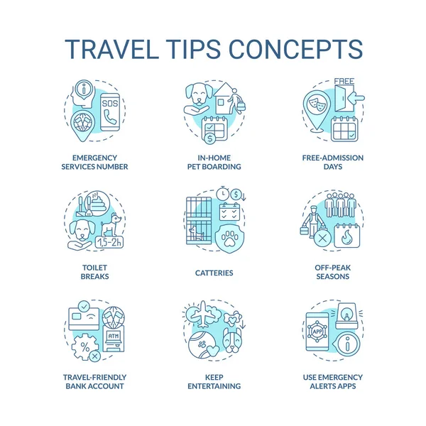 Travel Tips Turquoise Concept Icons Set Safety Trip Pets Moving — Stock Vector