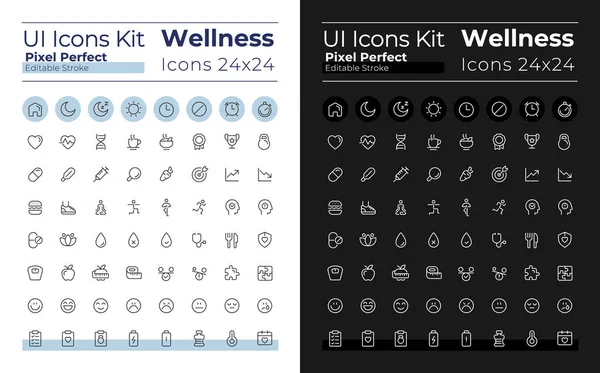 Wellness Pixel Perfektní Lineární Ikony Nastavené Pro Tmavý Světelný Režim — Stockový vektor