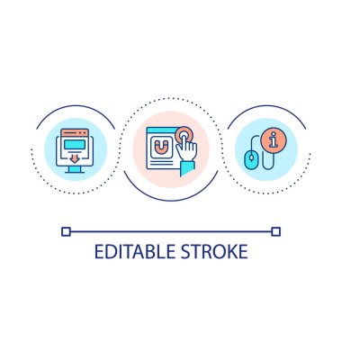 Kişiselleştirilmiş içerik döngüsü konsepti. Müşteri etkileşimini başlat. Tıklama sonrası optimizasyon fikri soyut ince çizgi çizimi. İzole bir taslak çizim. Düzenlenebilir felç. Kullanılan Arial yazı tipi