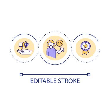 Pozitif müşteri geribildirim döngüsü konsepti. Başarılı müşteri deneyimi. Marka sadakati soyut fikir ince çizgili illüstrasyon. İzole bir taslak çizim. Düzenlenebilir felç. Kullanılan Arial yazı tipi