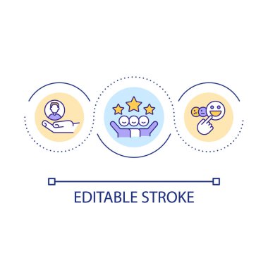 Tatmin edilmiş istemci geribildirim döngüsü konsepti simgesi. Pozitif müşteri deneyimi. Yıldız değerlendirmesi. Soyut fikir ince çizgi çizimini değerlendir. İzole bir taslak çizim. Düzenlenebilir felç. Kullanılan Arial yazı tipi