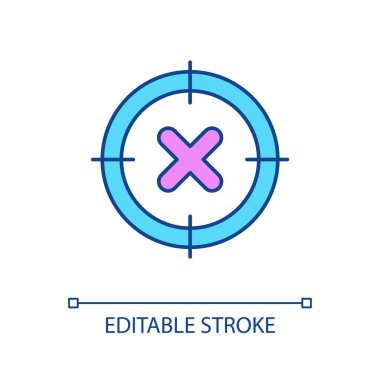 Yanlış hedef RGB renk simgesi. Hedef bulanık. İş planlamada sorun var. Pazarlama sorunları. İzole vektör çizimi. Basit bir çizgi çizimi. Düzenlenebilir felç. Kullanılan Arial yazı tipi