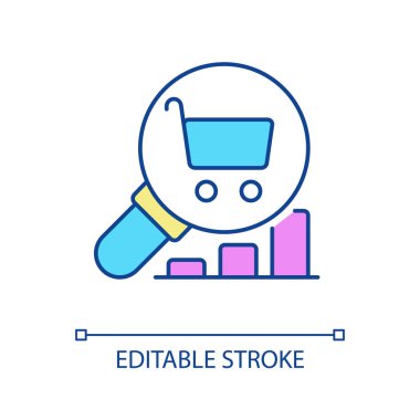 Alışveriş etkinliği analizi RGB renk simgesi. Pazarlama araştırması. İş geliştirme çalışması. İzole vektör çizimi. Basit bir çizgi çizimi. Düzenlenebilir felç. Kullanılan Arial yazı tipi