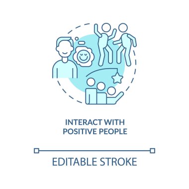 Pozitif insanlarla etkileşim, turkuaz konsept ikonu. Özgüven eksikliğinin üstesinden gelen soyut fikir ince çizgi çizimi. İzole bir taslak çizim. Düzenlenebilir felç. Arial, Myriad Pro-Kalın yazı tipleri