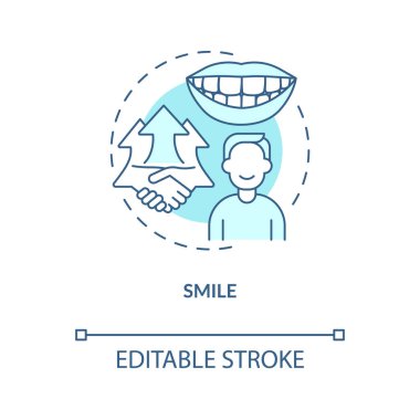 Gülen turkuaz konsept ikonu. Meslektaşlarına karşı pozitif ol. İş yerinde özgüven soyut fikir ince çizgi çizimi. İzole bir taslak çizim. Düzenlenebilir felç. Arial, Myriad Pro-Kalın yazı tipleri