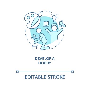 Hobi olarak turkuaz konsept ikonu geliştirin. Rutine ara ver. Özgüveni geliştirmek soyut fikir ince çizgi çizimi. İzole bir taslak çizim. Düzenlenebilir felç. Arial, Myriad Pro-Kalın yazı tipleri