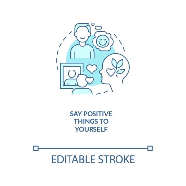 Kendine olumlu şeyler söyle turkuaz konsept ikonu. Özgüveni geliştirmek soyut fikir ince çizgi çizimi. İzole bir taslak çizim. Düzenlenebilir felç. Arial, Myriad Pro-Kalın yazı tipleri