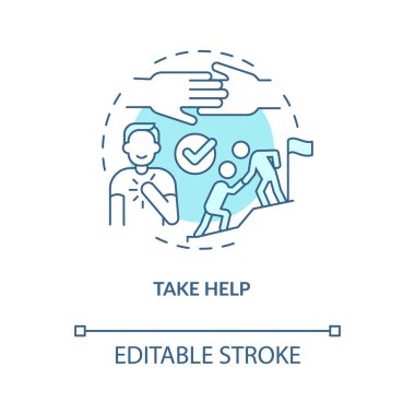 Turkuaz konsept ikonuna yardım edin. Desteğe açık ol. Özgüveni geliştirmek soyut fikir ince çizgi çizimi. İzole bir taslak çizim. Düzenlenebilir felç. Arial, Myriad Pro-Kalın yazı tipleri