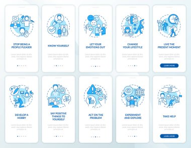 Mobil uygulama ekranında özgüven artışı. Terapi, doğrusal kavramlarla birlikte düzenlenebilir grafik talimatlarını 5 adımdan geçirin. UI, UX, GUI şablonu. Kullanılan sayısız Pro-Kalın, Düzenli yazı tipleri