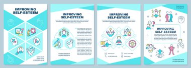 Özgüven turkuaz broşür şürü geliştiriyorum. Kendine güven. Çizgisel simgeli broşür tasarımı. Sunum için düzenlenebilir 4 vektör düzeni, yıllık raporlar. Arial-Black, Kullanılan Myriad Pro-Normal yazı tipleri