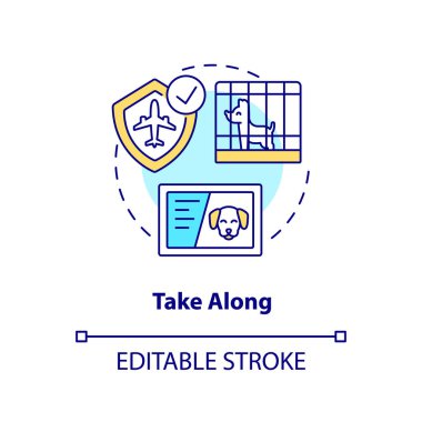 Seyahat konsepti ikonu olarak evcil hayvanları yanına al. Hayvan dostu havayolu. Yatılı seçenekler soyut fikir ince çizgi çizimi. İzole bir taslak çizim. Düzenlenebilir felç. Arial, Myriad Pro-Kalın yazı tipleri