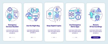 Seyahat güvenlik ipuçları mobil uygulama ekranında. Doğrusal kavramlarla düzenlenebilir grafik talimatları içeren 5 adımlık uzun bir güvenlik gezintisi. UI, UX, GUI şablonu. Kullanılan sayısız Pro-Kalın, Düzenli yazı tipleri
