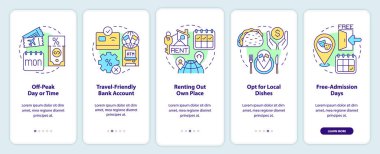 Seyahat ipuçları mobil uygulama ekranında kaydediliyor. Seyahat masraflarını, doğrusal kavramlarla birlikte düzenlenebilir grafik talimatlarını 5 adımda azaltmak. UI, UX, GUI şablonu. Kullanılan sayısız Pro-Kalın, Düzenli yazı tipleri