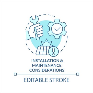Kurulum ve bakım hususları turkuaz konsept simgesi. Çevre enerjisi soyut fikri ince çizgi çizimi. İzole bir taslak çizim. Düzenlenebilir felç. Arial, Myriad Pro-Kalın yazı tipleri
