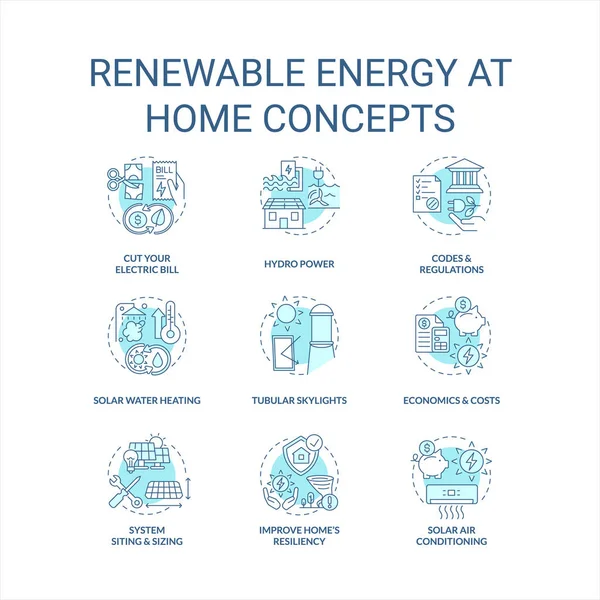 Hernieuwbare Energie Thuis Turquoise Concept Iconen Ingesteld Eco Fris Huis — Stockvector