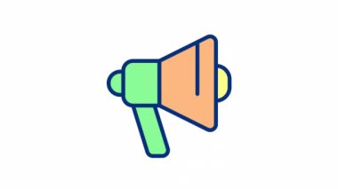 Animasyon megafon RGB renk simgesi. Reklam kampanyası. Ürün tanıtımı. Şeffaf arkaplanda alfa kanalı olan kusursuz HD video. Basit doldurulmuş çizgi hareketi grafik canlandırması