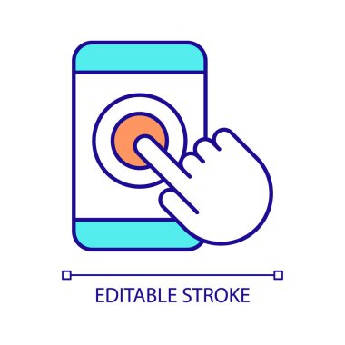 Akıllı telefon ekranı RGB renk simgesine dokunun. Dokunmatik ekranlı cep telefonu kullanıyor. Tıklayın. İzole vektör çizimi. Basit bir çizgi çizimi. Düzenlenebilir felç. Kullanılan Arial yazı tipi