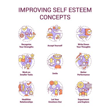 Özsaygı konsepti simgeleri oluşturuluyor. Psikolojik destek. Zihinsel sağlık fikri ince çizgi renkli çizimler. İzole semboller. Düzenlenebilir felç. Kullanılan Roboto-Orta, Myriad Pro-Kalın yazı tipleri