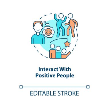 Pozitif insanlar konsept ikonu ile etkileşim. Özgüven eksikliğinin üstesinden gelen soyut fikir ince çizgi çizimi. İzole bir taslak çizim. Düzenlenebilir felç. Arial, Myriad Pro-Kalın yazı tipleri