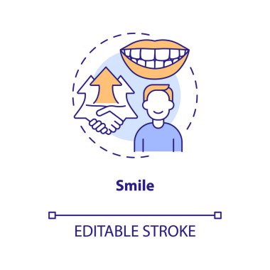 Gülme konsepti ikonu. Meslektaşlarına karşı pozitif ol. İş yerinde özgüveni arttırmak soyut fikir ince çizgili resimleme. İzole bir taslak çizim. Düzenlenebilir felç. Arial, Myriad Pro-Kalın yazı tipleri