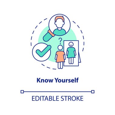 Kendini konsept ikonu olarak tanı. Kendini tanıma alıştırması. Özgüveni geliştirmek soyut fikir ince çizgi çizimi. İzole bir taslak çizim. Düzenlenebilir felç. Arial, Myriad Pro-Kalın yazı tipleri