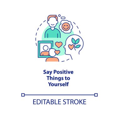 Kendine olumlu şeyler söyle kavram ikonu. Özgüveni geliştirmek soyut fikir ince çizgi çizimi. İzole bir taslak çizim. Düzenlenebilir felç. Arial, Myriad Pro-Kalın yazı tipleri
