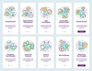 Mobil uygulama ekranında güven eksikliğinin üstesinden geliniyor. Doğrusal kavramlarla düzenlenebilir grafik yönergelerini 5 adımda gezdir. UI, UX, GUI şablonu. Kullanılan sayısız Pro-Kalın, Düzenli yazı tipleri