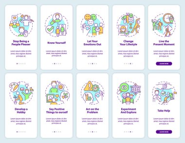 Mobil uygulama ekranında özgüven geliştiriliyor. Psikoloji, doğrusal kavramlarla birlikte düzenlenebilir grafik talimatlarını 5 adımda gözden geçirir. UI, UX, GUI şablonu. Kullanılan sayısız Pro-Kalın, Düzenli yazı tipleri