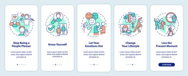 Mobil uygulama ekranında özgüveni arttır. Kendinize güvenin. Doğrusal kavramlarla birlikte düzenlenebilir beş adımda grafik yönergelerini gözden geçirin. UI, UX, GUI şablonu. Kullanılan sayısız Pro-Kalın, Düzenli yazı tipleri