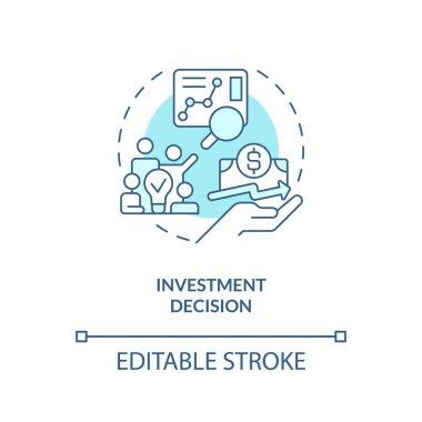 Yatırım kararı turkuvaz konsept simgesi. İş analizi. Finansal çözüm soyut fikir ince çizgi çizimi. İzole bir taslak çizim. Düzenlenebilir felç. Arial, Myriad Pro-Kalın yazı tipleri