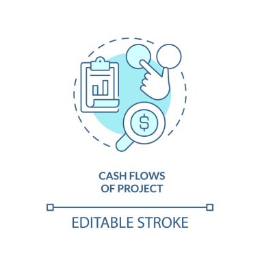 Turkuaz konsept ikonunun nakit akışı. Yatırım kararlarını etkileyen faktör soyut fikir ince çizgi çizimi. İzole bir taslak çizim. Düzenlenebilir felç. Arial, Myriad Pro-Kalın yazı tipleri